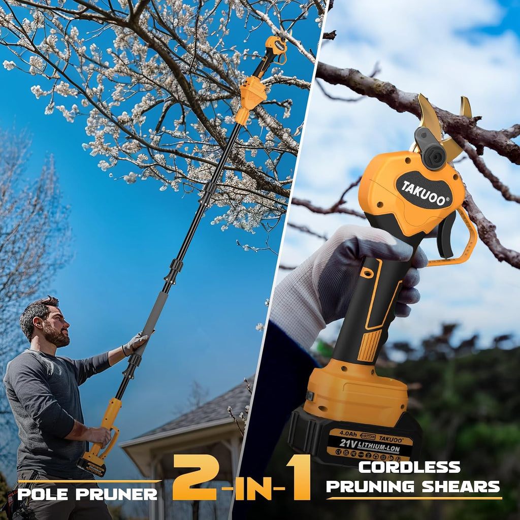 Takuoo 2-in-1 Pole Pruning Shears Cordless, 1.6' Cutting Diameter Electric Pruning Shears with Extension Pole, 21V 2×4.0Ah Battery Powered Pruner, 13.7FT Reach Power Pole Pruner for Tree Trimming