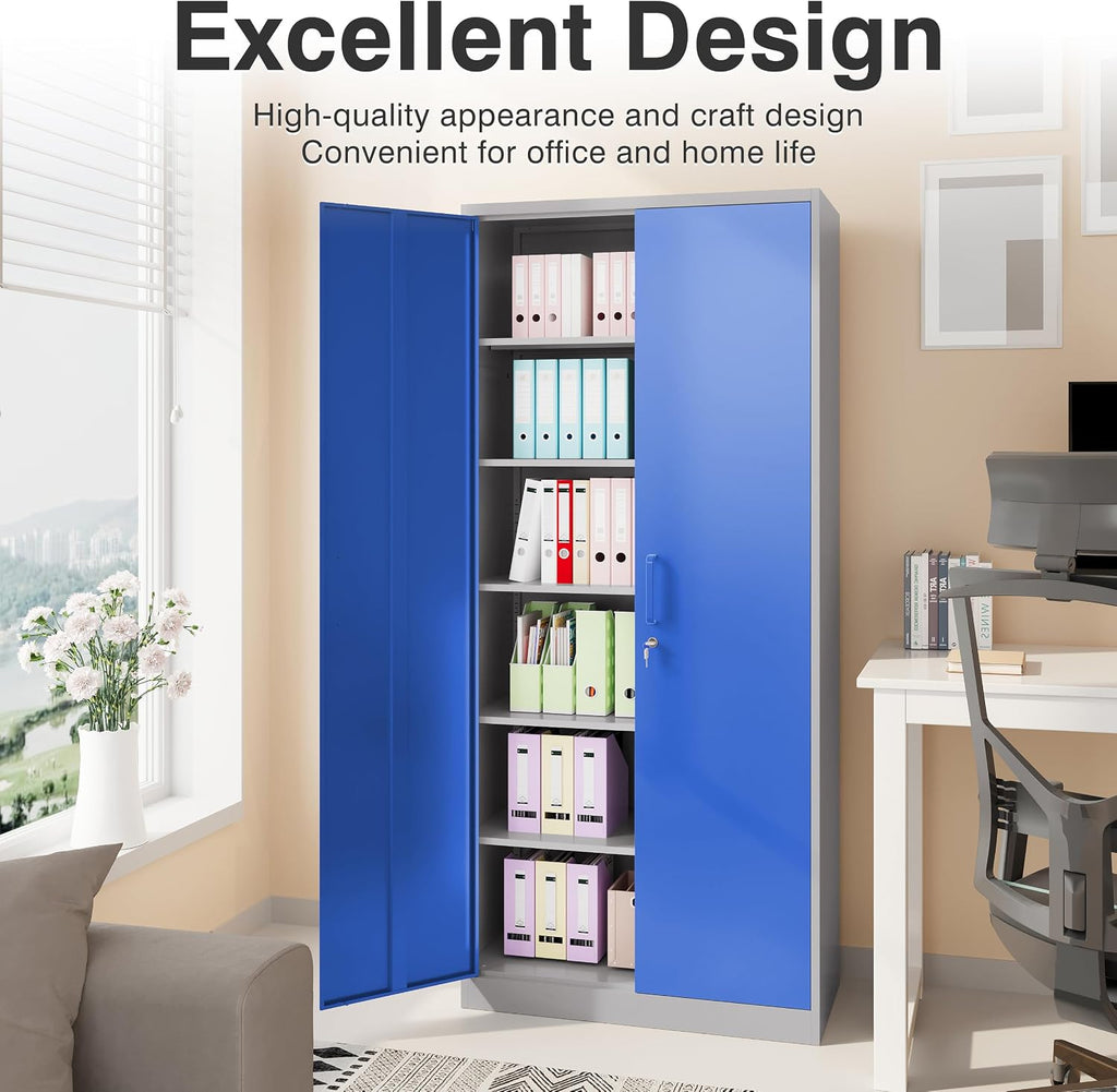 Metal Cabinet with 5 Adjustable Shelves,6 Tier Garage Storage Cabinet with Lock,Gray Blue Metal Storage Cabinet with Locking Doors,Steel Cabinets,71' Lockable Storage Cabinets for Home,Office,Garage