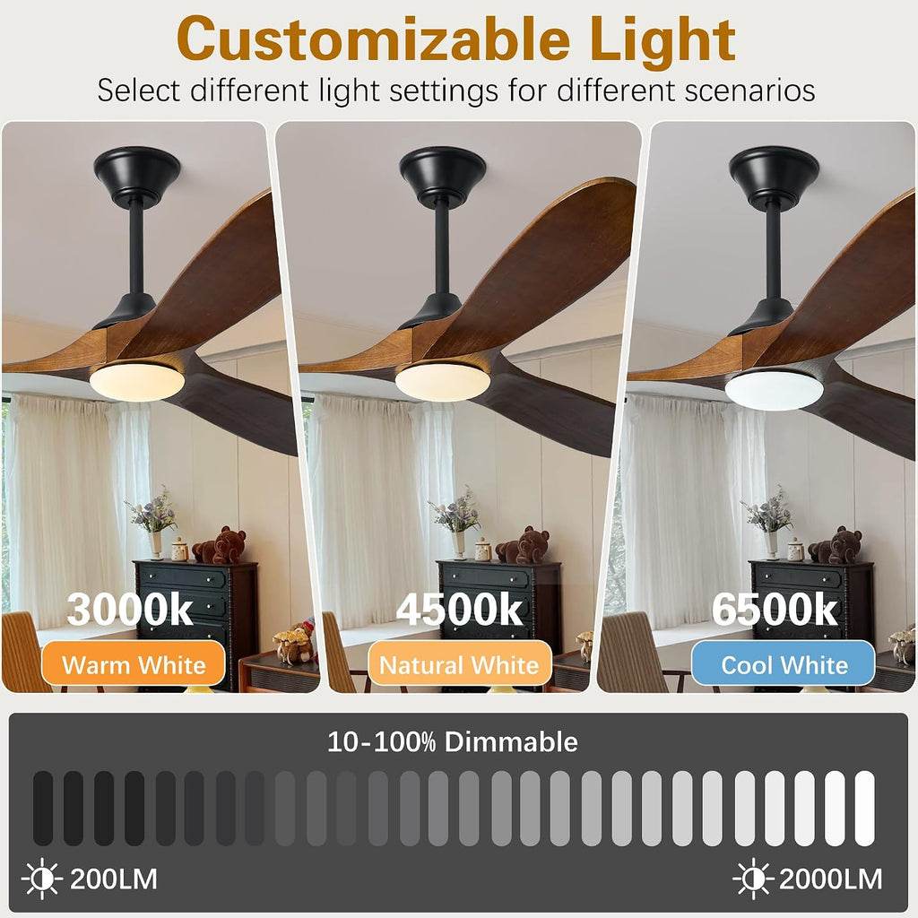 60 Inch Solid Wood Ceiling Fans with Lights, Remote APP Control 3 Propeller Blades Indoor Outdoor Ceiling Fan, Large Airflow Noiseless DC Motor Wooden Ceiling Fan for Patio Living Rooms Farmhouse