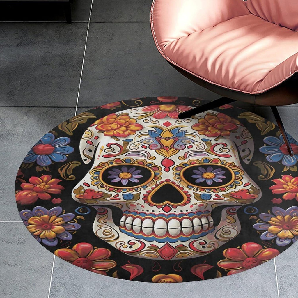 Sugar Skulls Coral Velvet Round Floor Mat Non-Slip Bath Rug Floor Covering for Bathroom Vanity Guest Suite & Vacation Home
