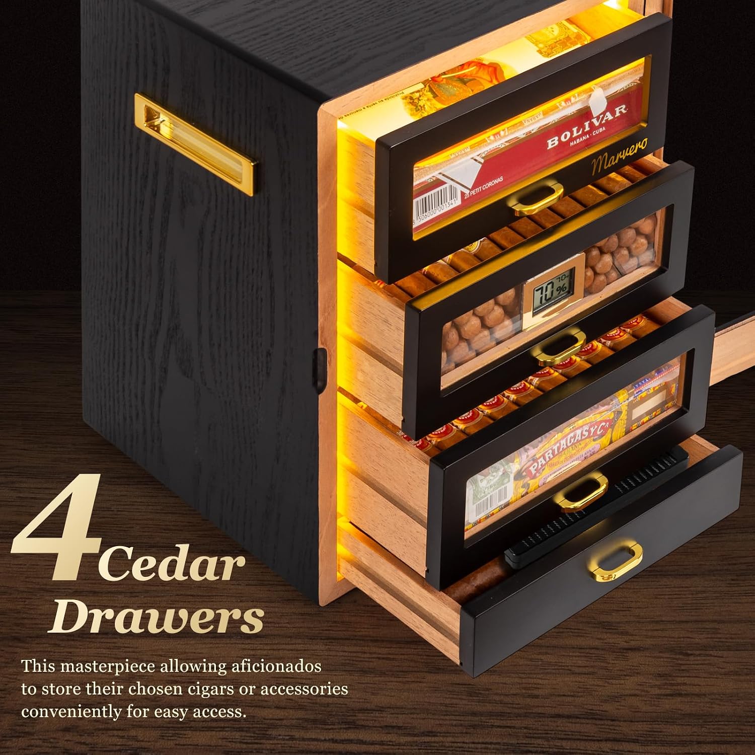 Cigar Humidor, Desktop Humidor Cabinet Triple-Sided Light with Digital Hygrometer, Humidifier and Humidity Packs. 4 Cedar Wood Drawers, Cigar Humidor Box can Hold 200 Cigars,Present for Men