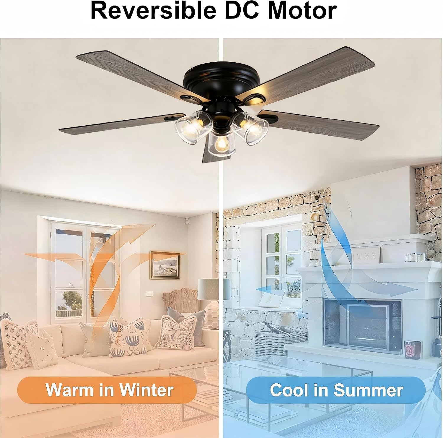 52 Inch Vintage Ceiling Fan with Lights and Remote, Flush Mount Farmhouse Ceiling Fan Rustic Fandelier 3-Lights Chandelier for Bedroom Living Room Dining Room, 5 Reversible Blades 6 Speeds