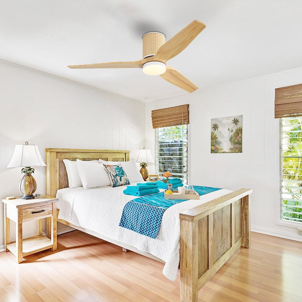 LEDLUX 52' Ceiling Fan with Light - Low Profile Flush Mount Ceiling Fan, 6-Speed Remote Control, Solid Wood, Quiet Reversible DC Motor, Wood/White Finish, for Bedroom, Living Room, Porch