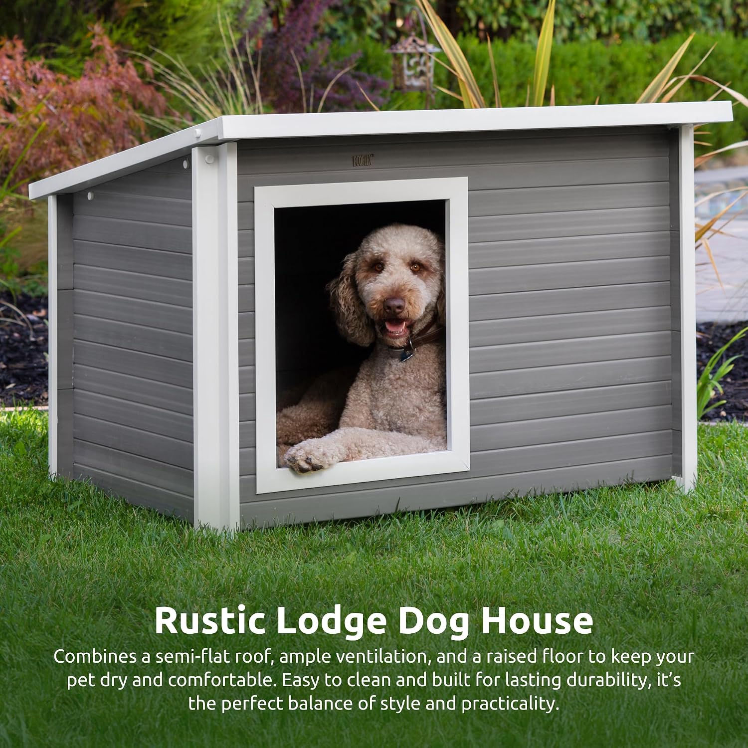 New Age Pet ECOFLEX Rustic Lodge Outdoor Elevated Dog House, X-Large Weather Resistant Shelter for Large Dogs, Wood Look Composite Material, Easy Assembly with 10 Year Warranty