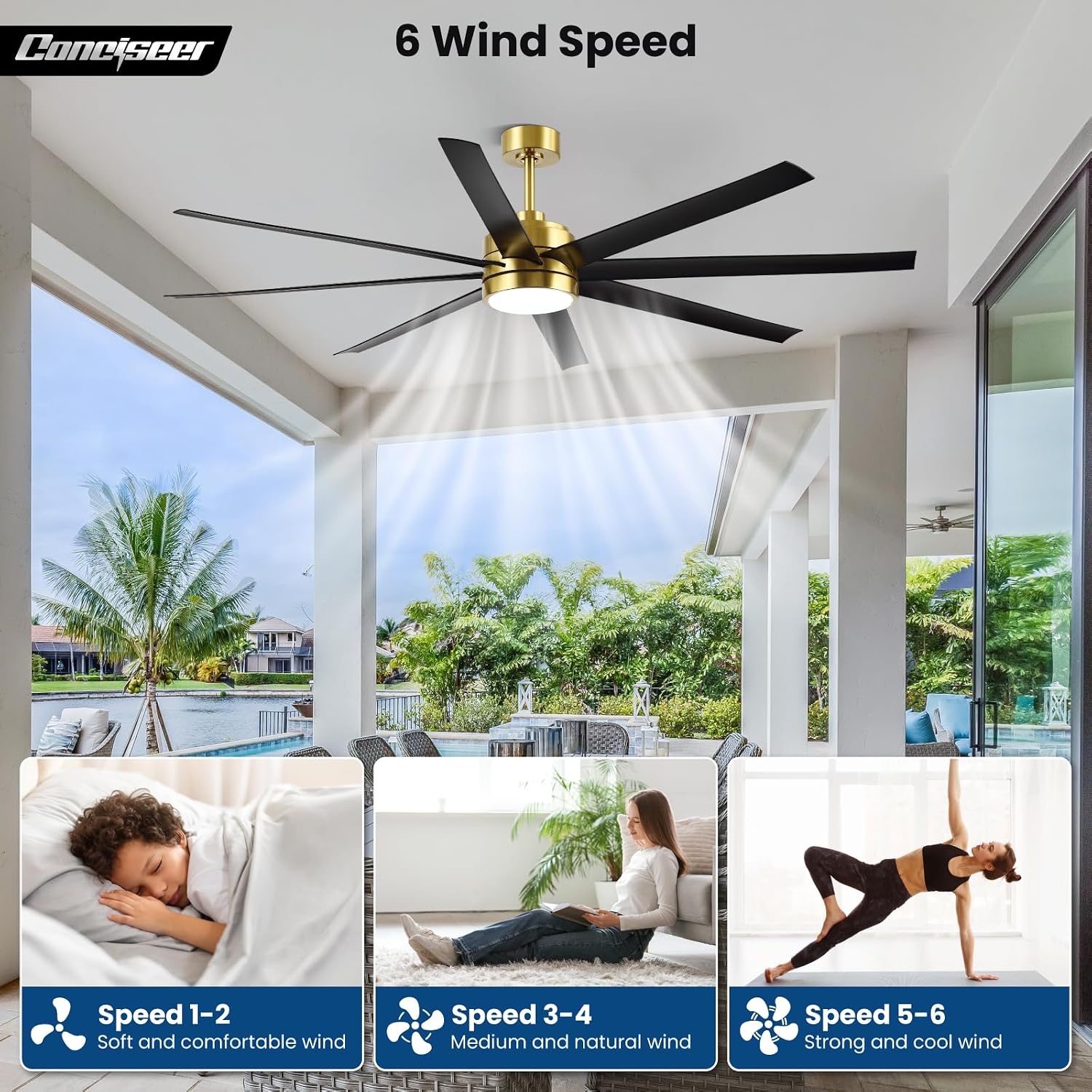 Conciseer 72 Inch Ceiling Fans with Lights and Remote for Living Room Kitchen Library Cafe Outdoor/Industrial Use, 3CCT Dimmable, Dual Color 8 Blades 6 Speed Reversible Quiet DC Motor, Gold/Black