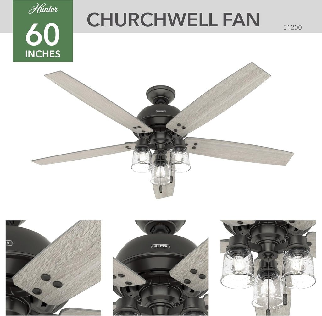 Hunter 60 inch Indoor Ceiling Fan with LED Lights - Bronze Ceiling Fan with Pull Chain, For Bedroom or Living Room, Standard Mount, No Remote, 5 Blades, Includes Bulbs - Churchwell 51200, Noble Bronze