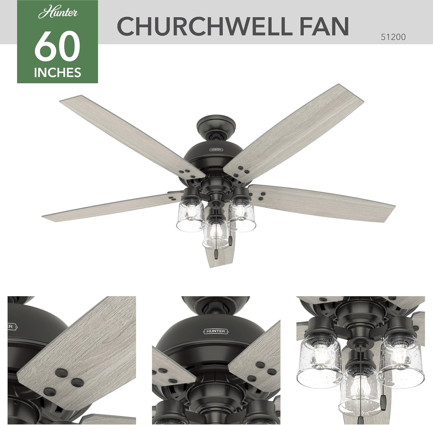 Hunter 60 inch Indoor Ceiling Fan with LED Lights - Bronze Ceiling Fan with Pull Chain, For Bedroom or Living Room, Standard Mount, No Remote, 5 Blades, Includes Bulbs - Churchwell 51200, Noble Bronze