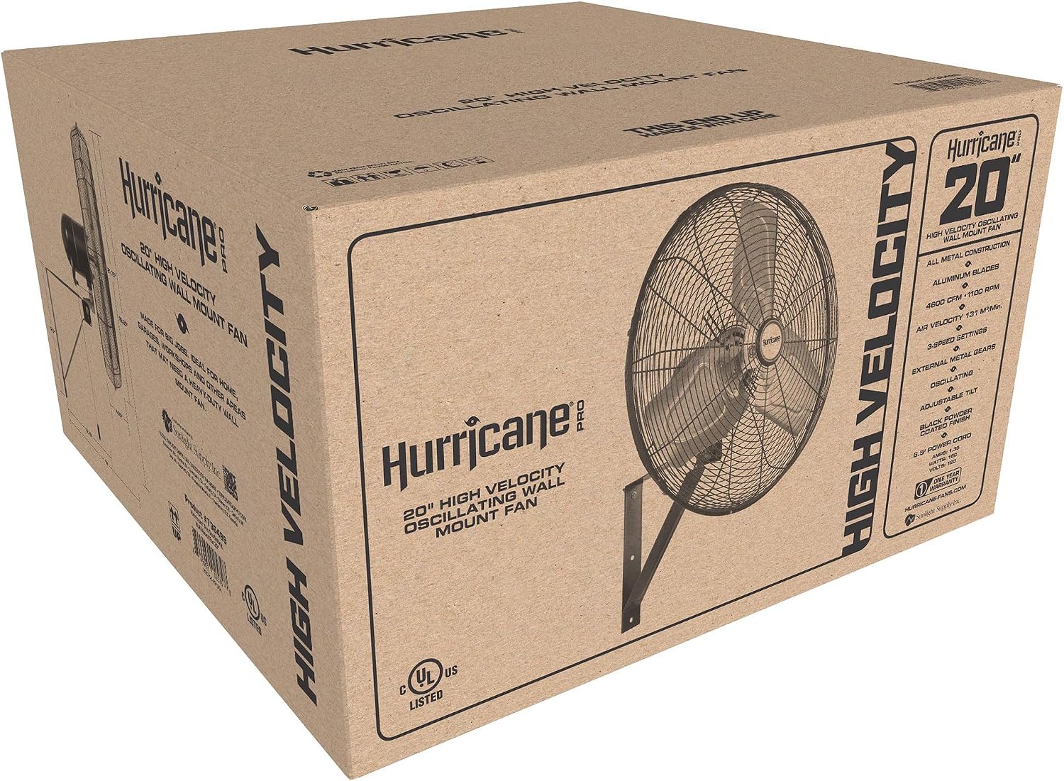 Hurricane Pro Commercial Grade Oscillating Metal Wall Mount Fan w/ 3 Speeds, Black, 20' - Corded Electric Air Cooling Unit w/ Powerful 4600 CFM Airflow for Home, Garage, Gym, Workshop & Greenhouse