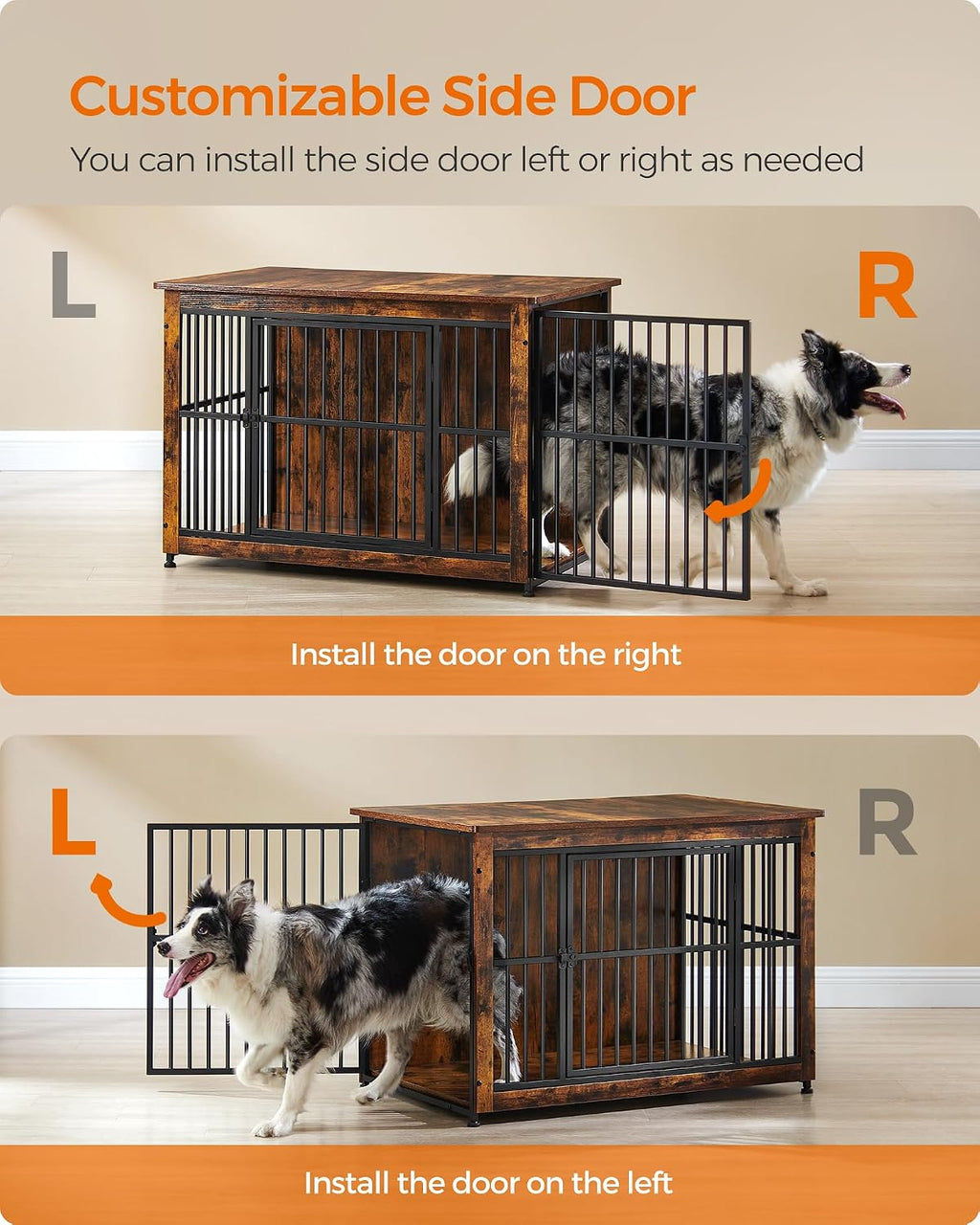 Feandrea 38.6' Dog Crate Furniture, Heavy-Duty Dog Cage Side End Table, XL Pet Wood Kennel for Large and Medium Dogs up to 70 lb with Enclosed Base, Double-Door Pet House, Rustic Brown