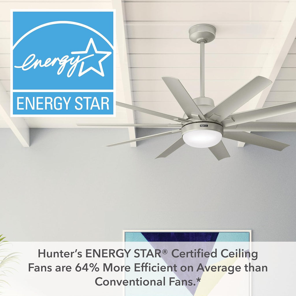 Hunter 60 inch Outdoor or Indoor Ceiling Fan with LED Light - Ceiling Fan with Wall Control, For Patio, Garage, or Porch, Quiet, Standard Mount, 10 Blades - Overton 50719, Matte Nickel