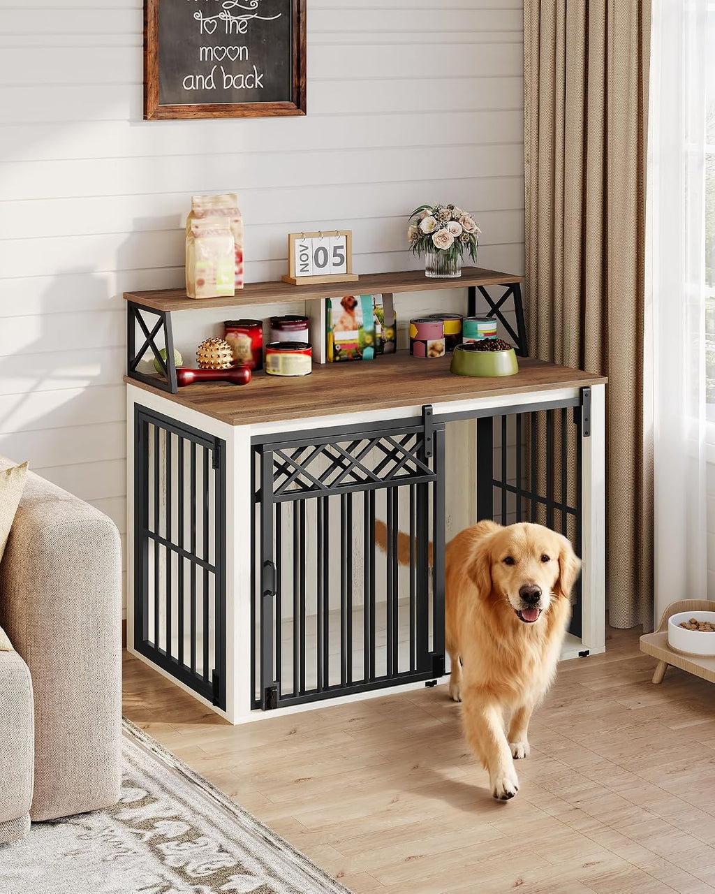 Hzuaneri 39.4'' Dog Crate Furniture, Large Wooden Dog Crate with Storage and 3 Doors, Indoor Kennel for Medium/Large Dogs, End Table with Barn Door, Chew-Proof and Escape-Proof, White Brown DFC87414B