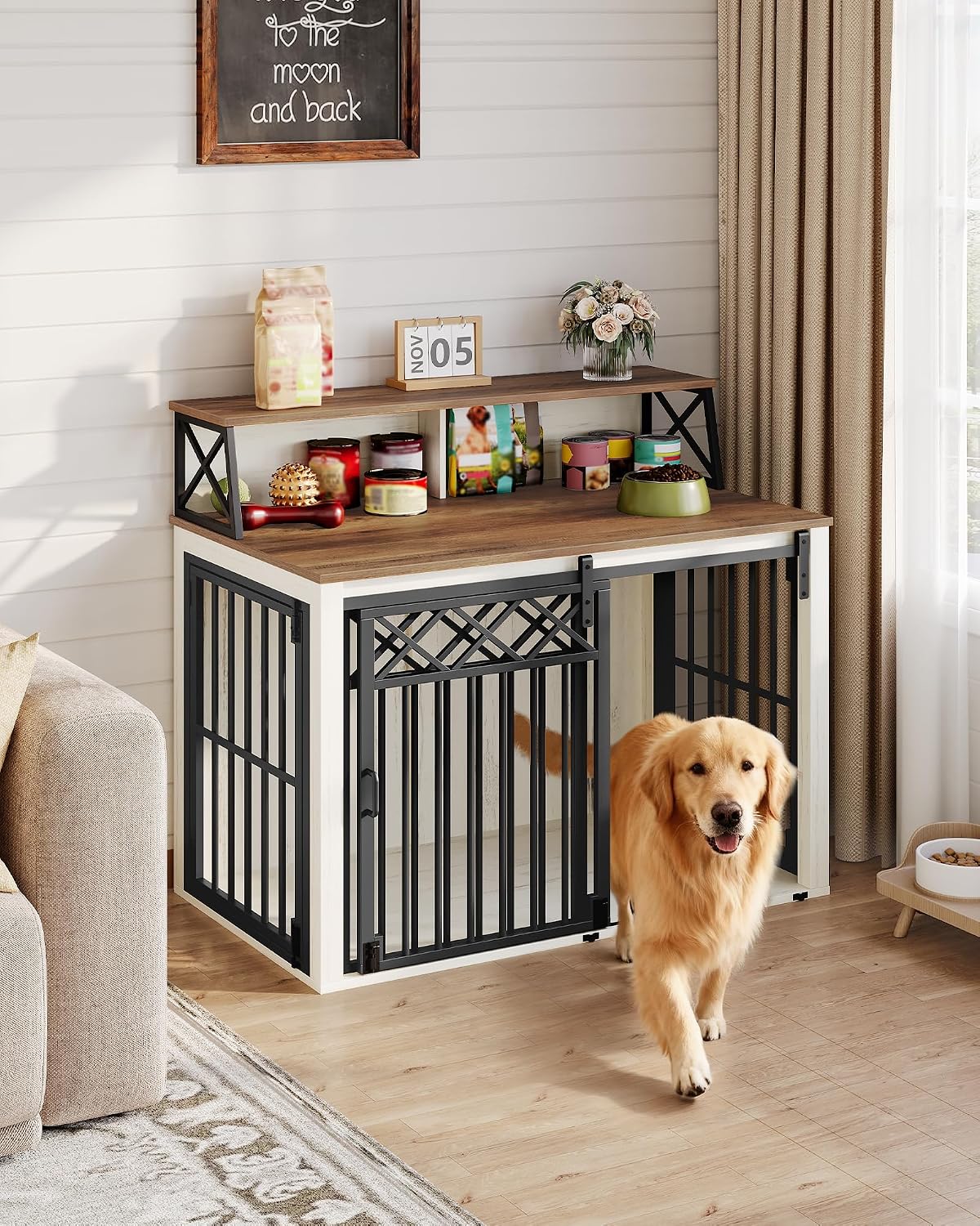Hzuaneri 39.4'' Dog Crate Furniture, Large Wooden Dog Crate with Storage and 3 Doors, Indoor Kennel for Medium/Large Dogs, End Table with Barn Door, Chew-Proof and Escape-Proof, White Brown DFC87414B