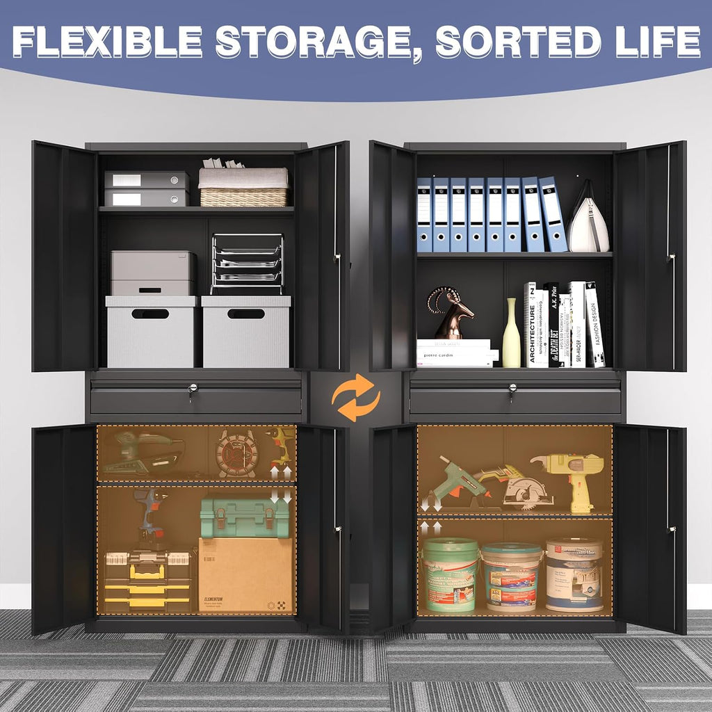 Metal Storage Cabinet with Drawer, Garage Storage Cabinet with Locking Doors and Adjustable Shelves,Tool Steel Cabinet for Garage, Home Office,Warehouse (Black)