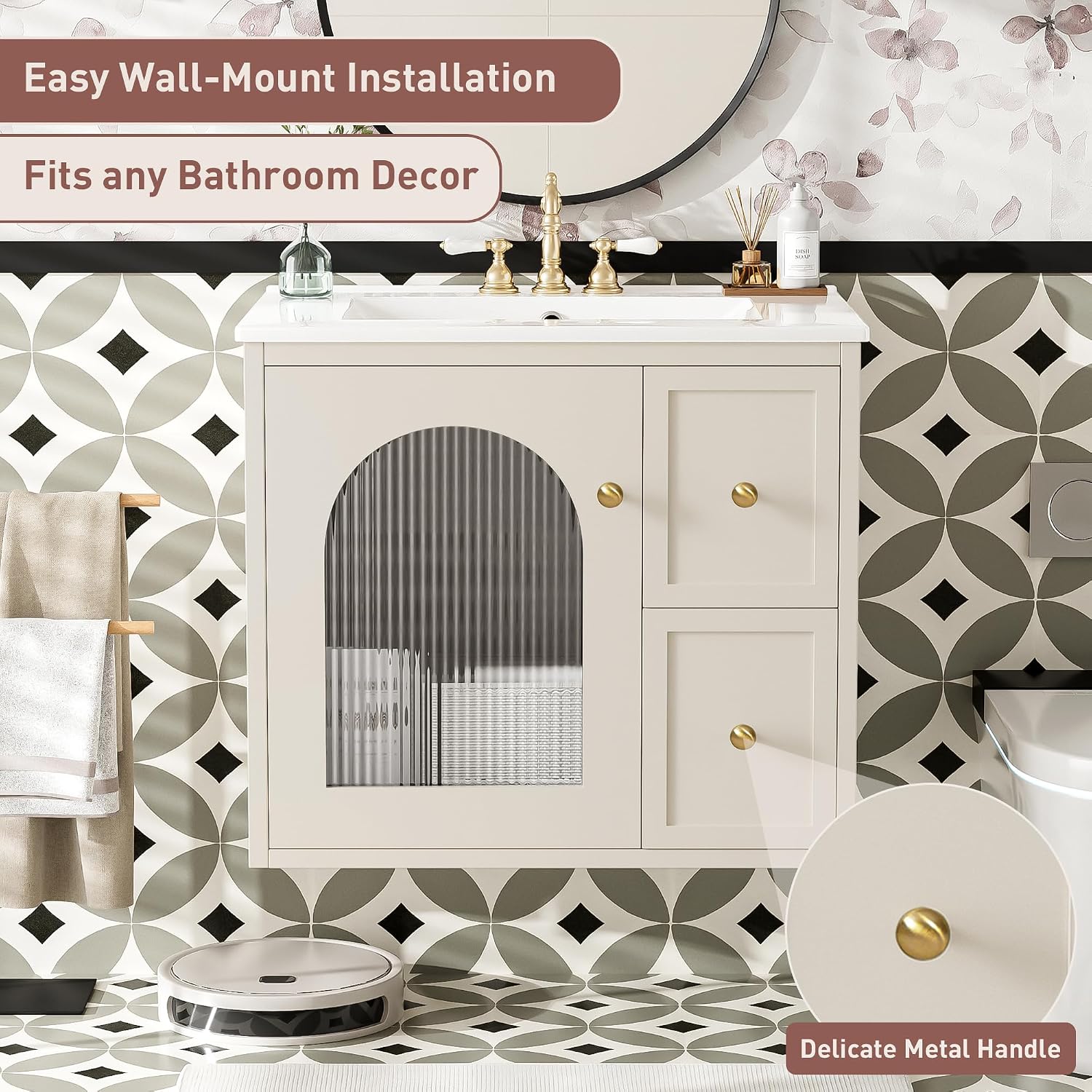 24 Inch Modern Wall Mounted Floating Bathroom Vanity Set with Ceramic Sink, 2 Drawers and 1 Soft-Close Door Bathroom Sink Cabinet for Guest Baths Master Suites (Beige)