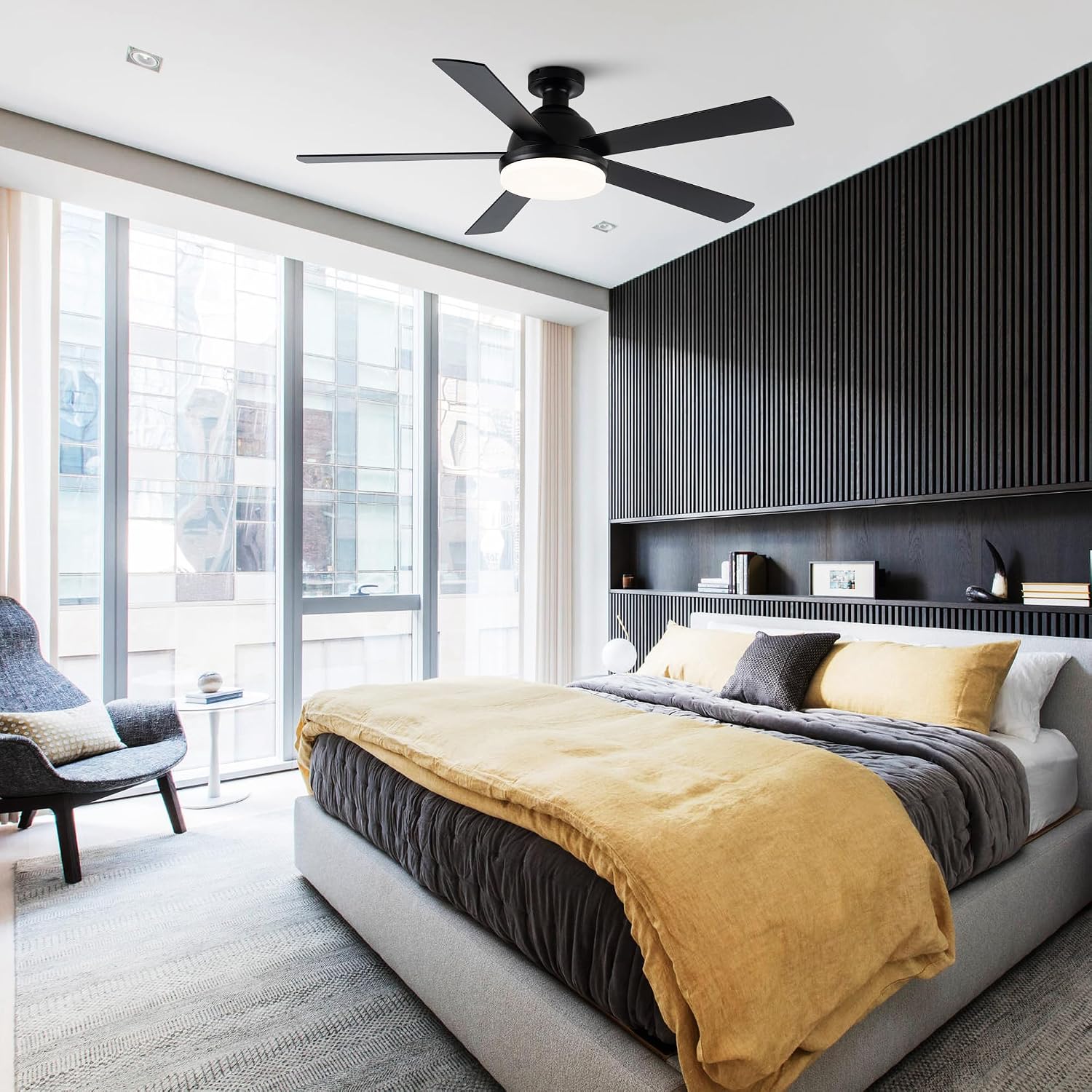 Black Ceiling Fans with Lights, 52 Inch Outdoor Ceiling Fans with Lights and Remote, Modern Indoor Bedroom Ceiling Fan Noiseless, Reversible Blades, DC Motor