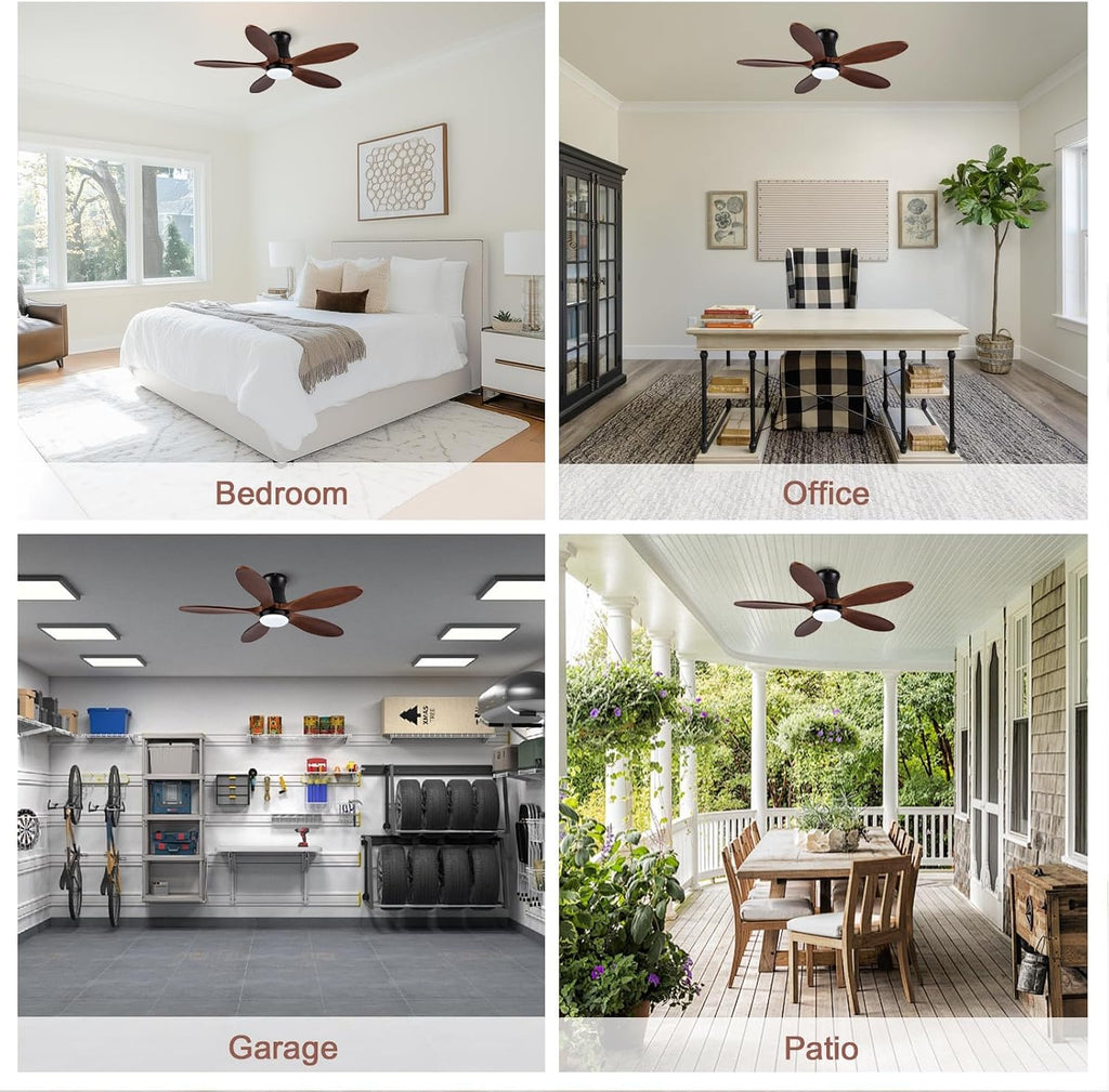 Smart 42 inch Ceiling fan with Light, Voice & App & Remote Control,Black Flush Mount Ceiling Fans,5 walnut Wood Blades, Reversible,3CCT,Dimmable,Quiet,for Living Room,Bedroom,Patio