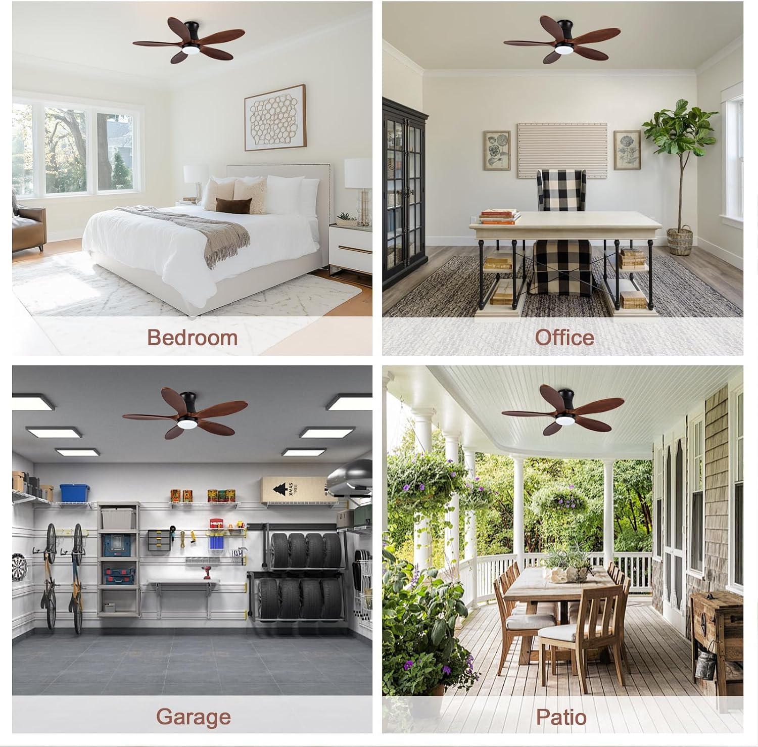Smart 42 inch Ceiling fan with Light, Voice & App & Remote Control,Black Flush Mount Ceiling Fans,5 walnut Wood Blades, Reversible,3CCT,Dimmable,Quiet,for Living Room,Bedroom,Patio