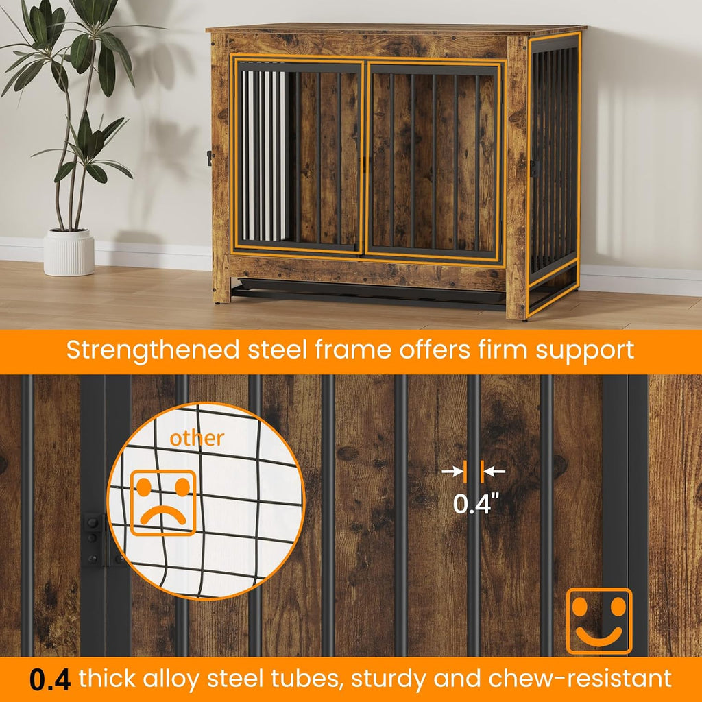 Derfullo Dog Crate Furniture, 38 Inch Indoor Dog Kennel for Medium Dogs Up to 50 LBS, Heavy Duty Wooden Pet Cage End Table with 3 Doors, Alloy Steel Frame & Removable Tray