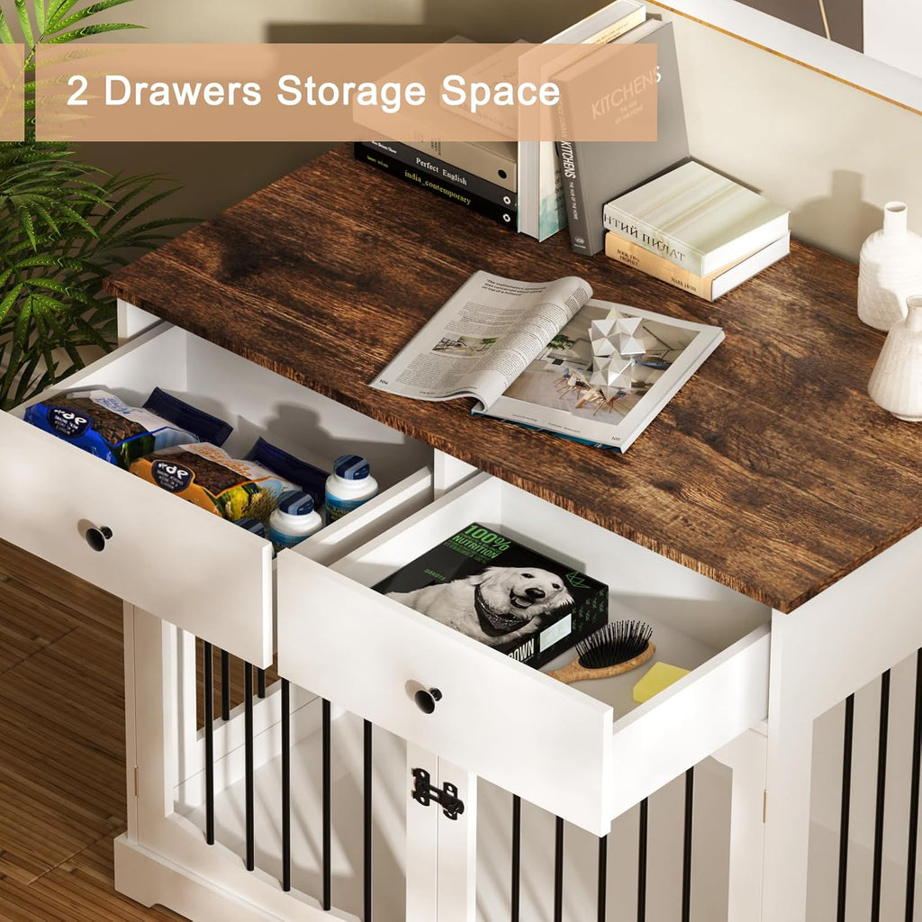 Dog Furniture Crate -40 inch Dog Kennel with Drawers-End Table Wooden Pet Crate, Double Door Design, Decorative Dog House Indoor for Small Medium Large Dog, White