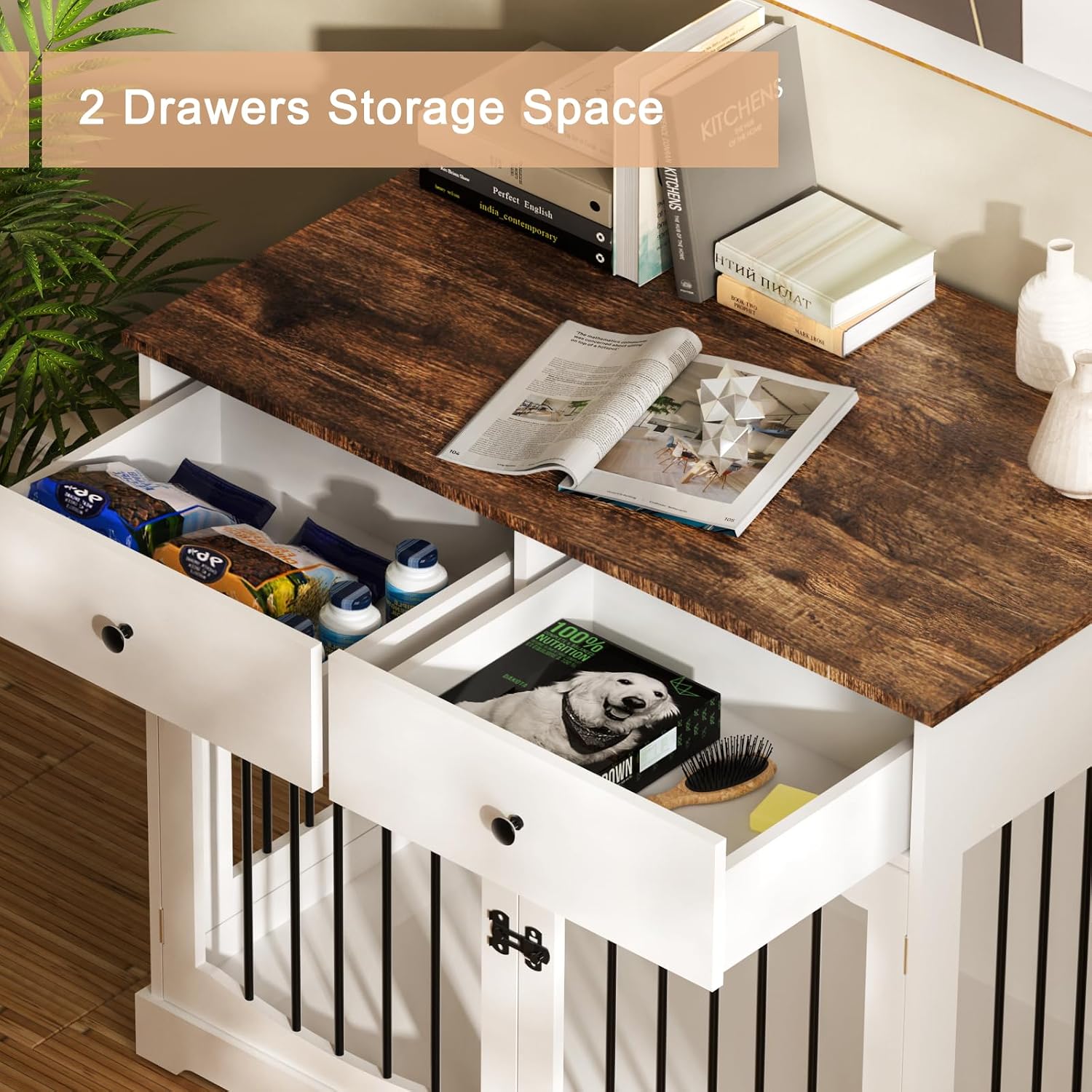 Dog Furniture Crate -40 inch Dog Kennel with Drawers-End Table Wooden Pet Crate, Double Door Design, Decorative Dog House Indoor for Small Medium Large Dog, White