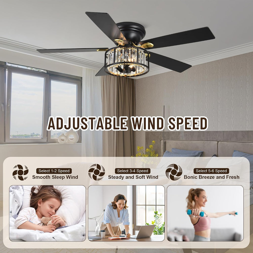 52' Crystal Farmhouse Ceiling Fan with Lights and Remote,Flush Mount Ceiling Fan,Chandelier with 5 Reversible Blades,3 E12 Base Lights,Quiet Motor for Living Room,Dining Room,Bedroom
