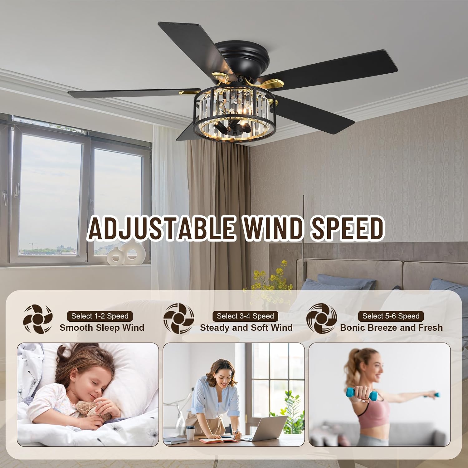 52' Crystal Farmhouse Ceiling Fan with Lights and Remote,Flush Mount Ceiling Fan,Chandelier with 5 Reversible Blades,3 E12 Base Lights,Quiet Motor for Living Room,Dining Room,Bedroom
