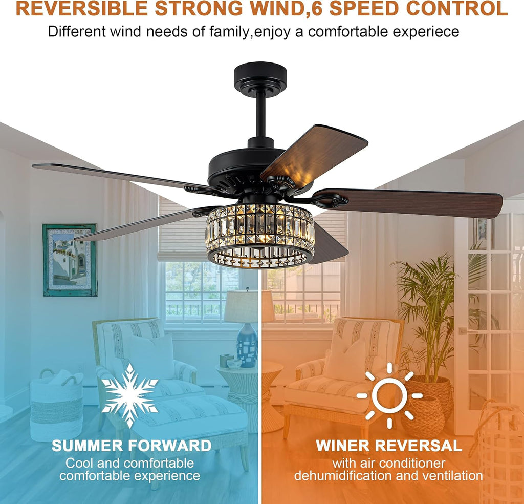52' Black Crystal Ceiling Fan with Light, Modern Chandelier Fan with Remote, Farmhouse Vintage Fandelier Fan with Quiet DC Motor, 6 Speeds for Dining Living Room Bedroom (No Bulbs Included)