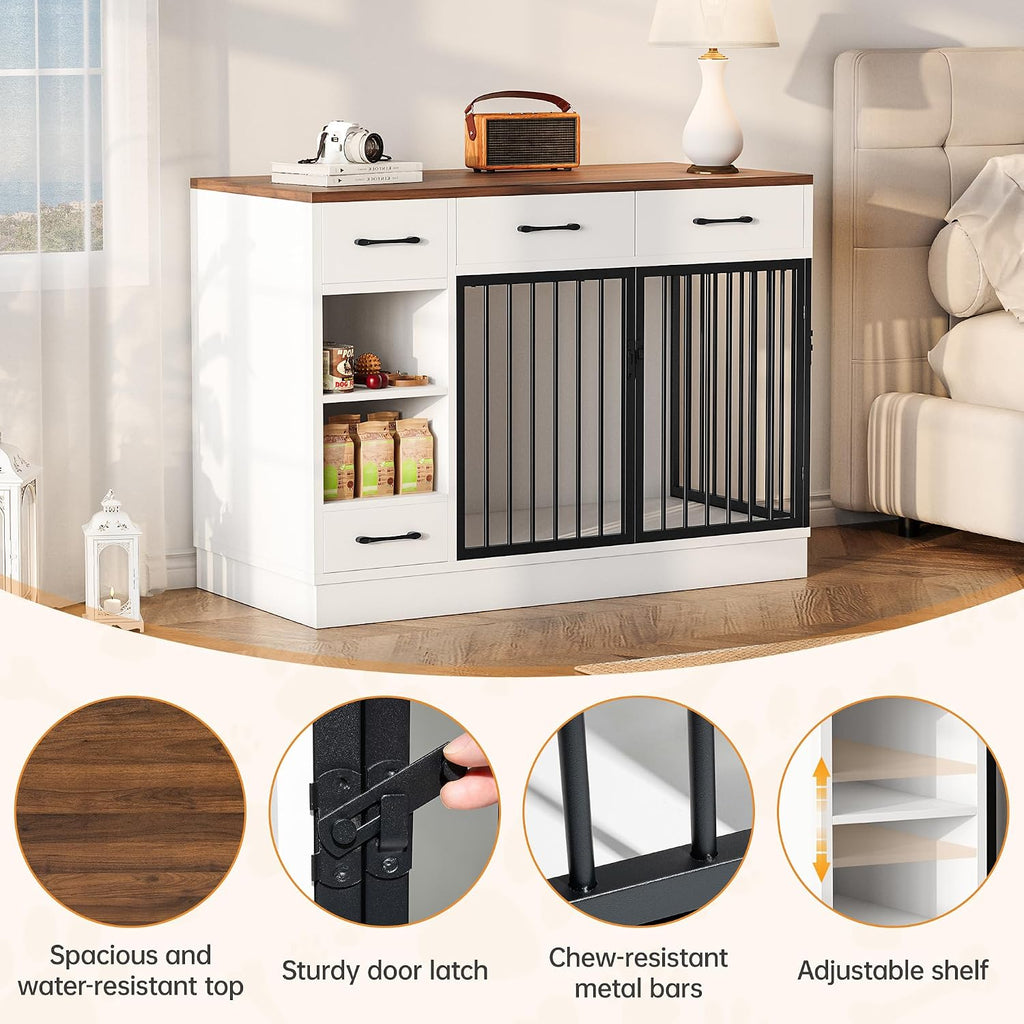 Dog Crate with Hidden Feeder Bowl & 3 Storage Drawers - 47.2' Wooden Dog Cage Indoor with Adjustable Shelf, 2 Doors Dog Kennel Furniture for Medium & Small Dogs, Multi-Functional Pet End Table