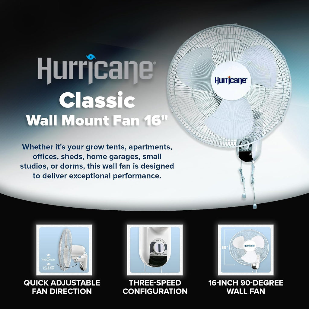 Hurricane Classic 4 Pack Oscillating Wall Mount Fan w/ 3 Quite Speeds, White, 16' - Corded Electric Air Cooling Unit w/Pull Cord Controls for Home, Grow Tents, Offices, Sheds, Studios, Garages, Dorms