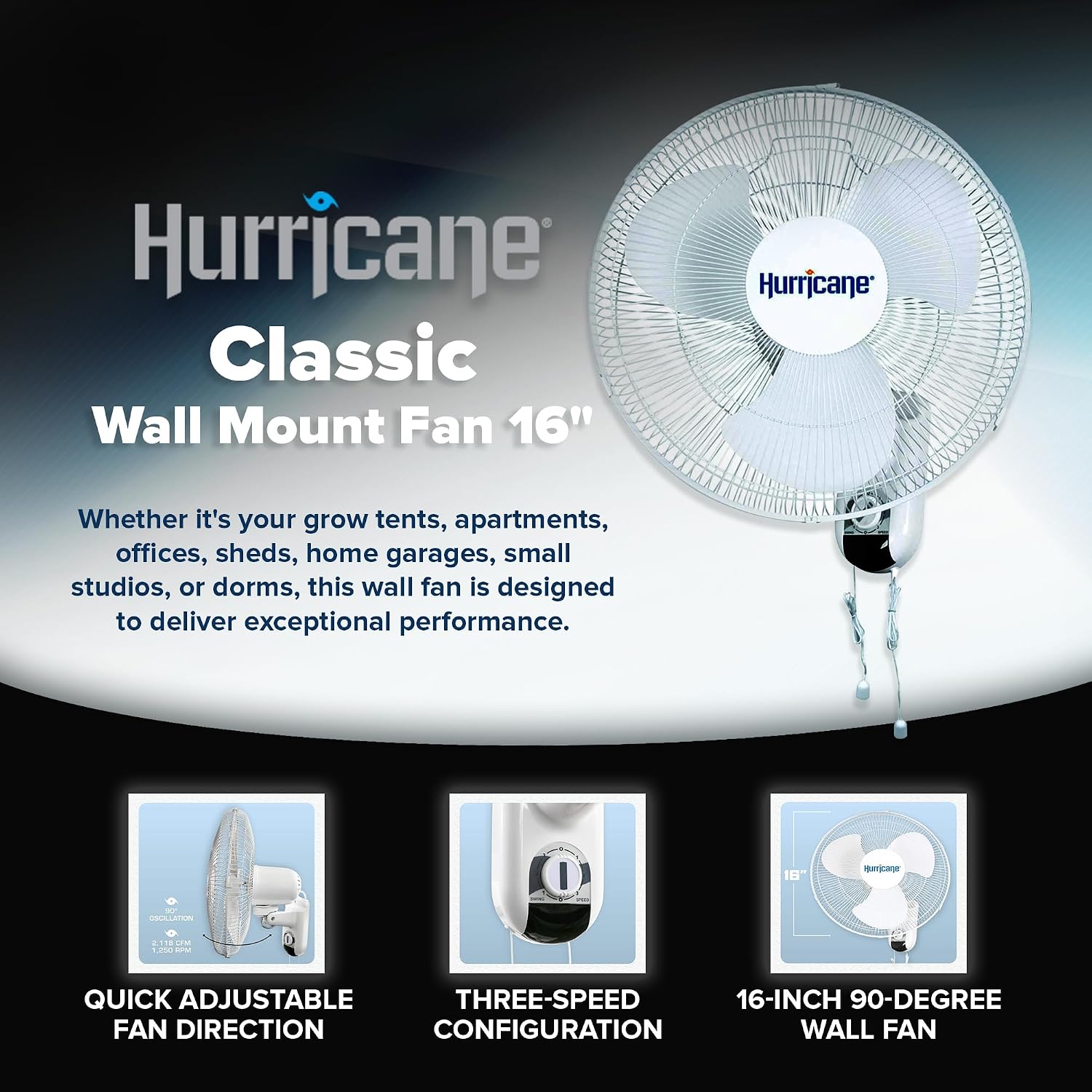 Hurricane Classic 4 Pack Oscillating Wall Mount Fan w/ 3 Quite Speeds, White, 16' - Corded Electric Air Cooling Unit w/Pull Cord Controls for Home, Grow Tents, Offices, Sheds, Studios, Garages, Dorms