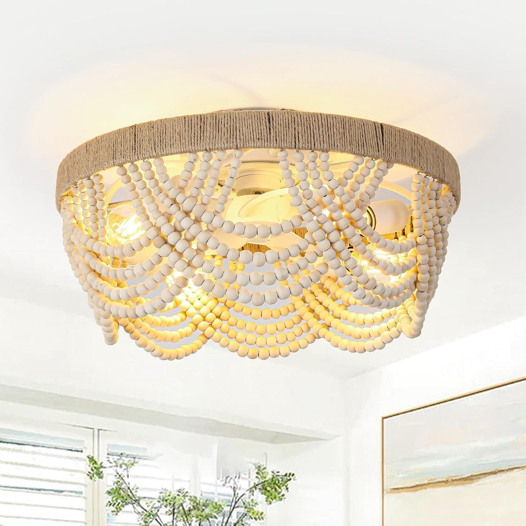 Ceiling Fans with Lights Flush Mount, 20 Inch Bohemia Wood Beaded Chandelier Ceiling Fans with Remote & APP Control, 6-Speed Reversible DC Motor, Low Profile Ceiling Fan for Bedroom Living Room