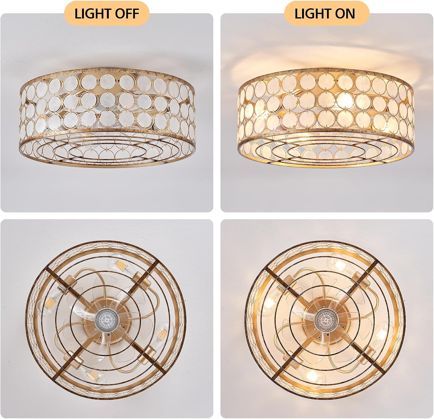 DDLLDESHI Capiz Fandelier Ceiling Fan with Light,20' Boho Caged Ceiling Fan with Light, Bldeless Enclosed Fan Lights Ceiling Fixtures for Bedroom Living Room Kitchen(Coastal Shell Style,White Oyster)