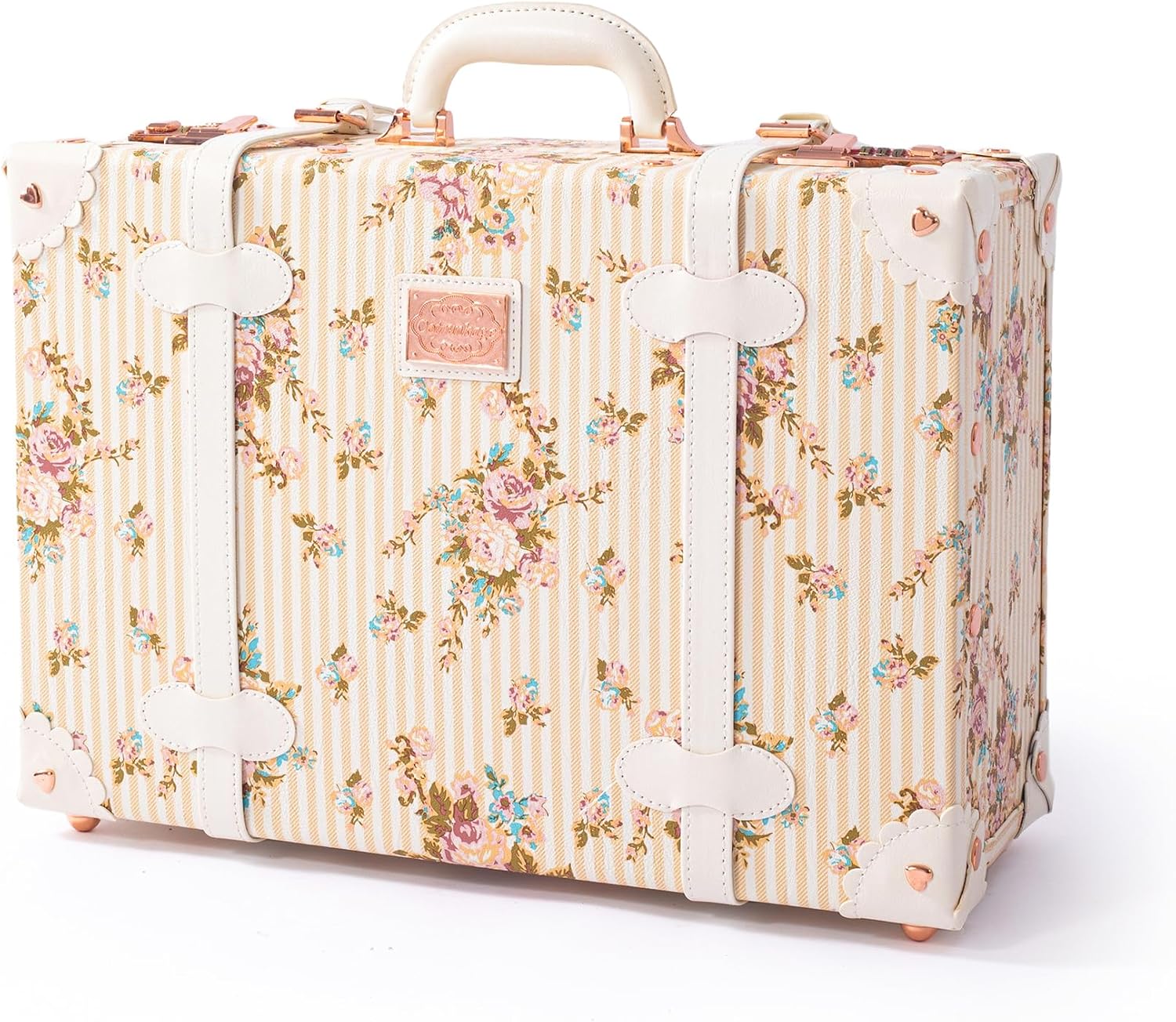 COTRUNKAGE Large 20' Carry On Suitcase Cute Pu Overnight Vintage Trunk Luggage Bag for Women with Combination Locks, Beige Floral