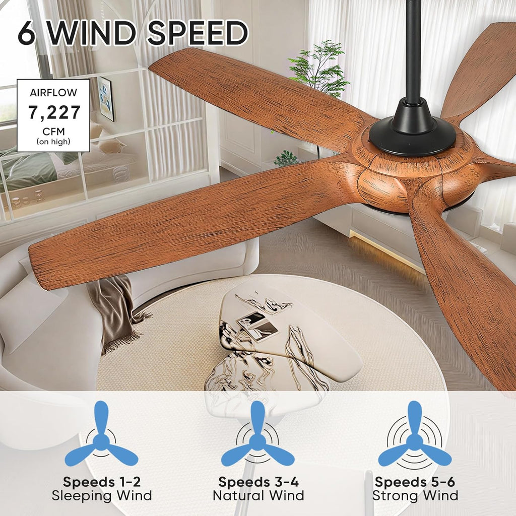 54'' Ceiling Fans with Lights, Indoor/Outdoor Modern Ceiling Fan with Remote, 5 ABS Blades, Reversible DC Motor, 6 Speeds, 3 Color Lights, ETL Listed, for Bedroom Living Room (Walnut)