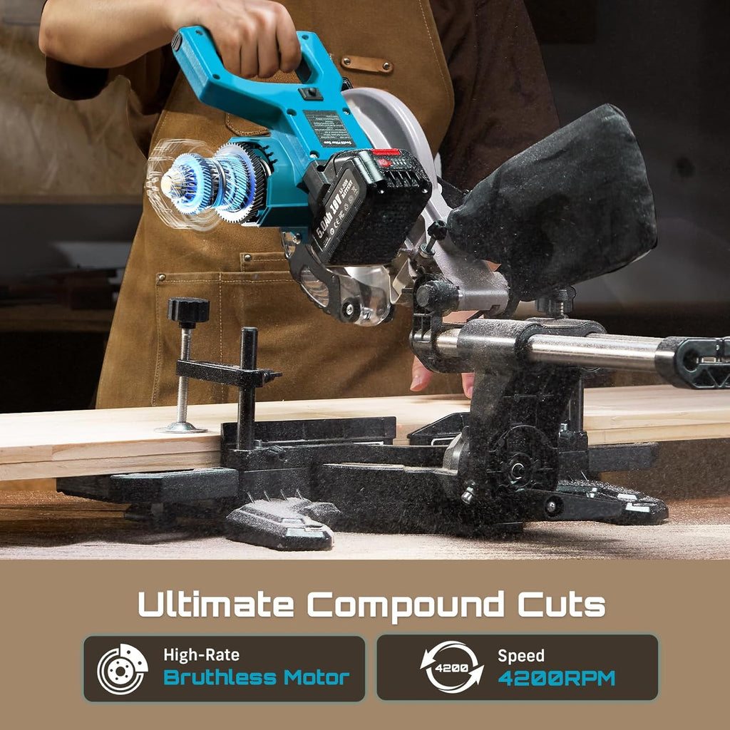 SEESII Sliding Compound Miter Saw: Cordless Power Miter Saw with Laser Guide 8-Inch, 2 * 5000 mAh Batteries, Single Bevel 45°, 24T TCT Blade, Max Cut 2.5×12-inch, Ideal for DIY & Woodworking