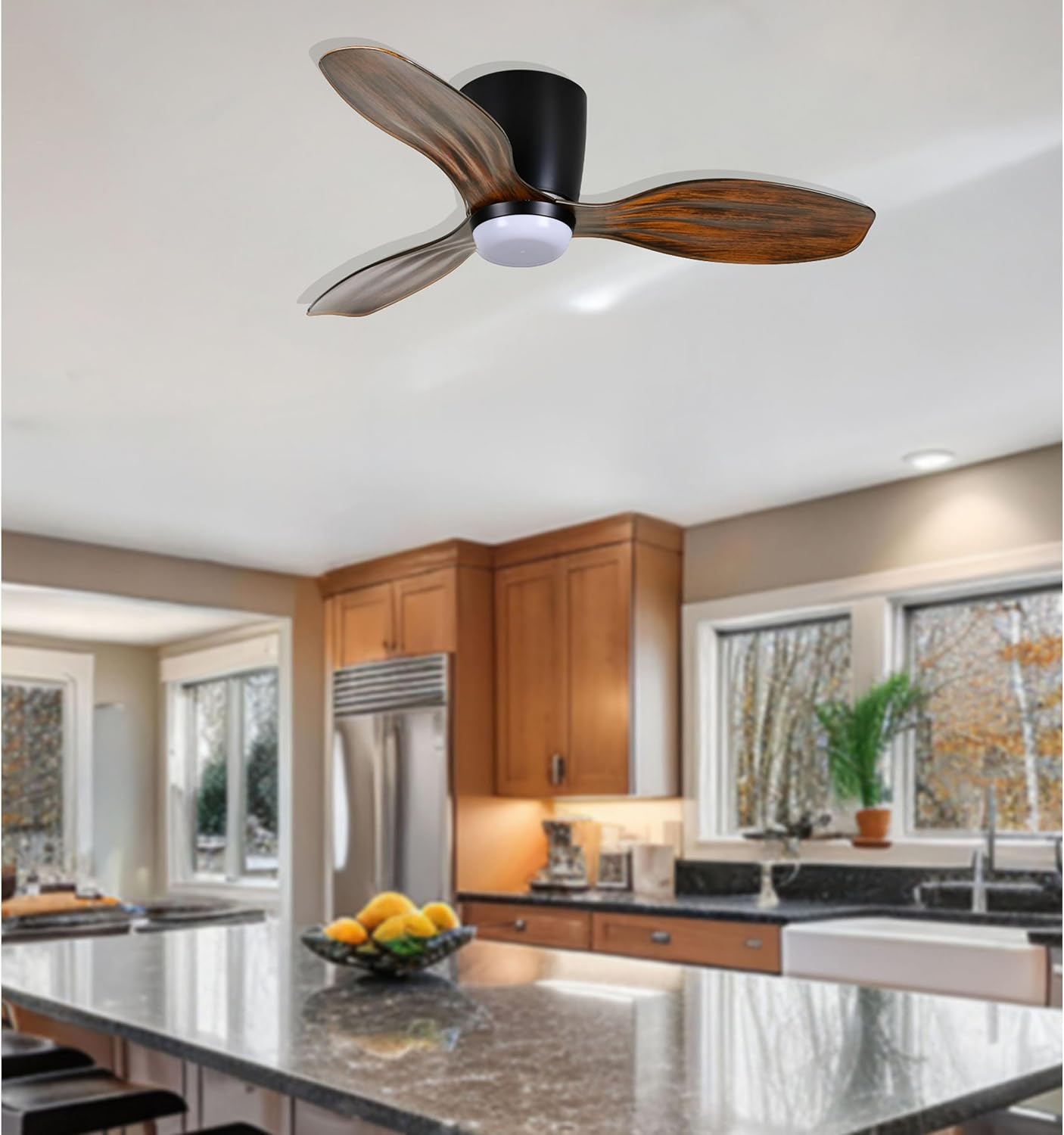 MINKA-AIRE F693L-CL/DK Ventiara 36' 3-Blade LED Flush Mount Indoor/Outdoor Ceiling Fan in Coal Black and Distressed Koa Finish Blades with Etched Lens
