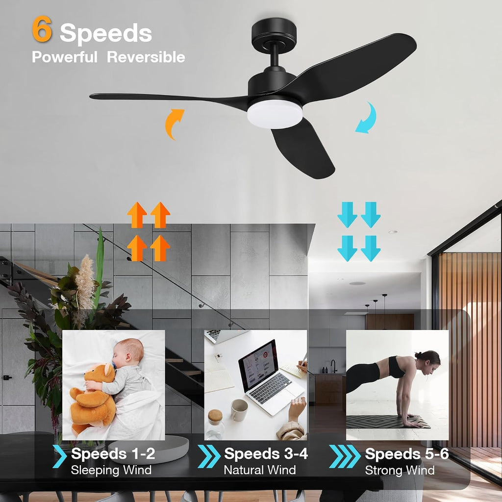 Hoenofly 48' Smart Ceiling Fans with LED Lights Remote,Quiet DC Motor,Dimmable,Outdoor Indoor Modern Ceiling Fan Controlled by WIFI Alexa App,3 Black Blades for Bedroom Living Room Patio Porch