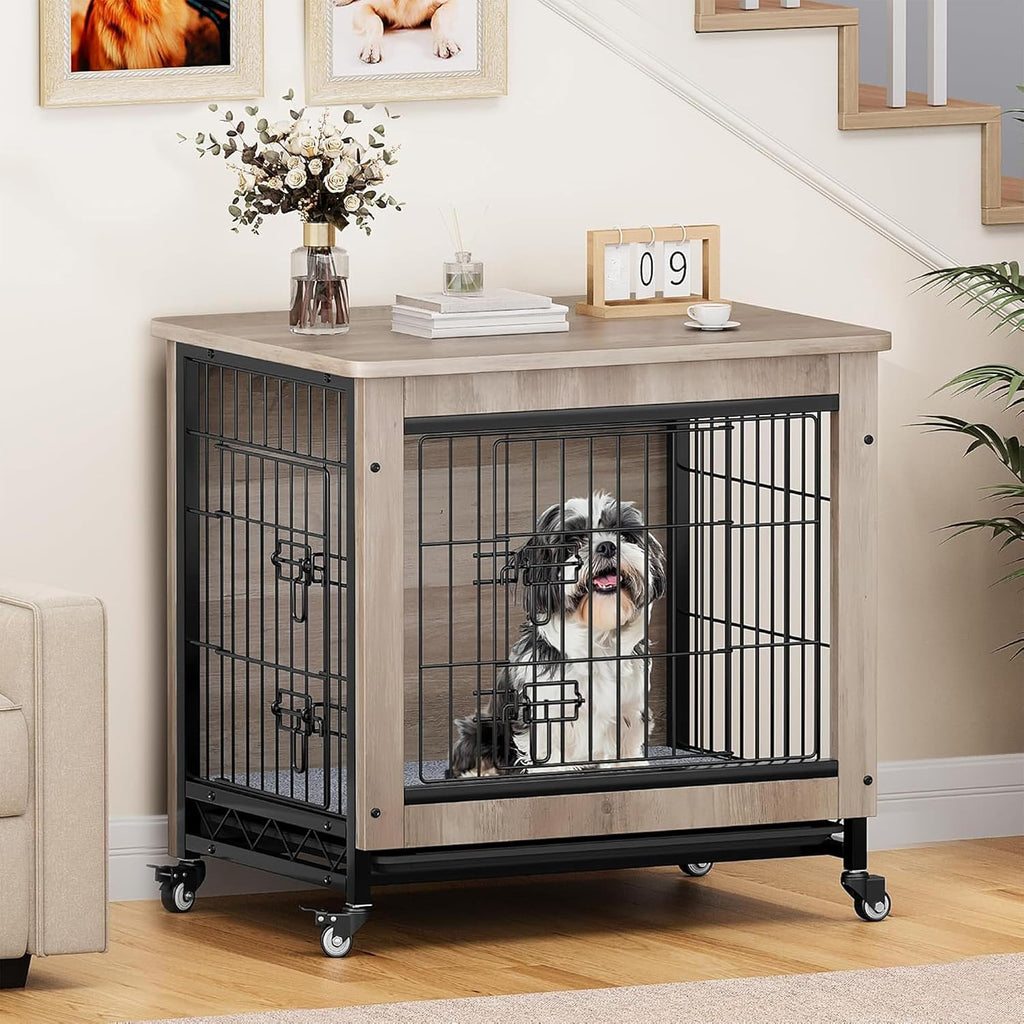 YITAHOME Dog Crate Furniture with Cushion, Dog Kennel Indoor with Wheels, Dogs Crate End Table with Tray, 27' Cage with Double Doors for Small Dogs (Gray)