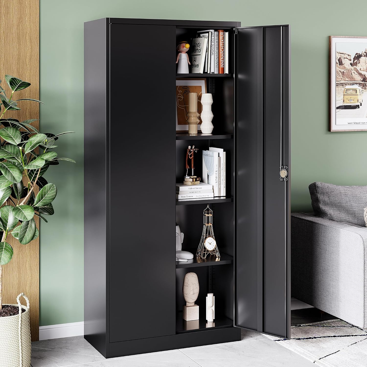Metal Storage Cabinet with Locking Doors, Tall Cabinets for Home, Office, Warehouse Organizer (Black)