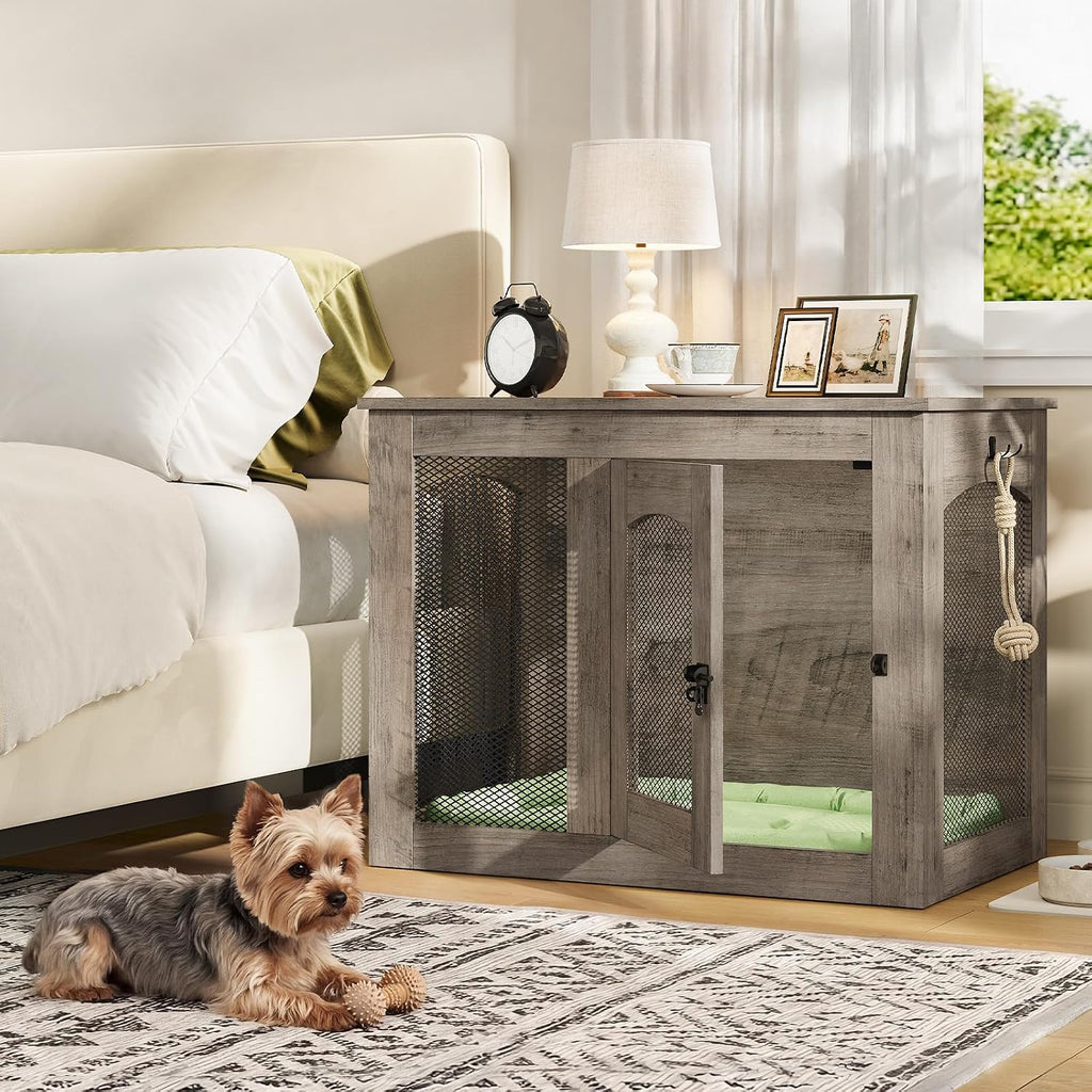CHOEZON Wooden 30.1' Dog Crate Furniture, Farmhouse Pet Cage End Table with Secure Lock, Ventilated Mesh for Medium Dogs, Dog Kennel Furniture for Living Room, Bedroom, Greige MGW02FH