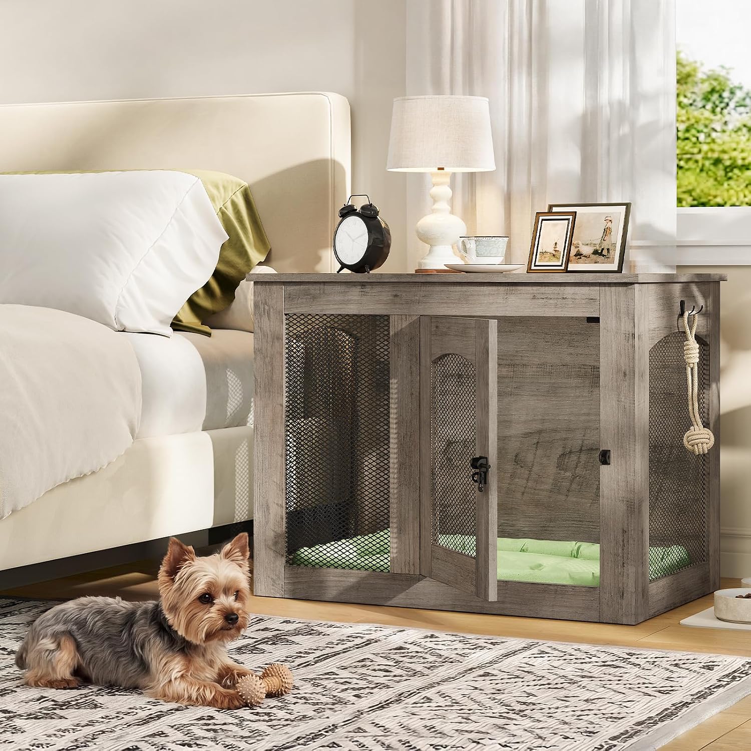 CHOEZON Wooden 30.1' Dog Crate Furniture, Farmhouse Pet Cage End Table with Secure Lock, Ventilated Mesh for Medium Dogs, Dog Kennel Furniture for Living Room, Bedroom, Greige MGW02FH