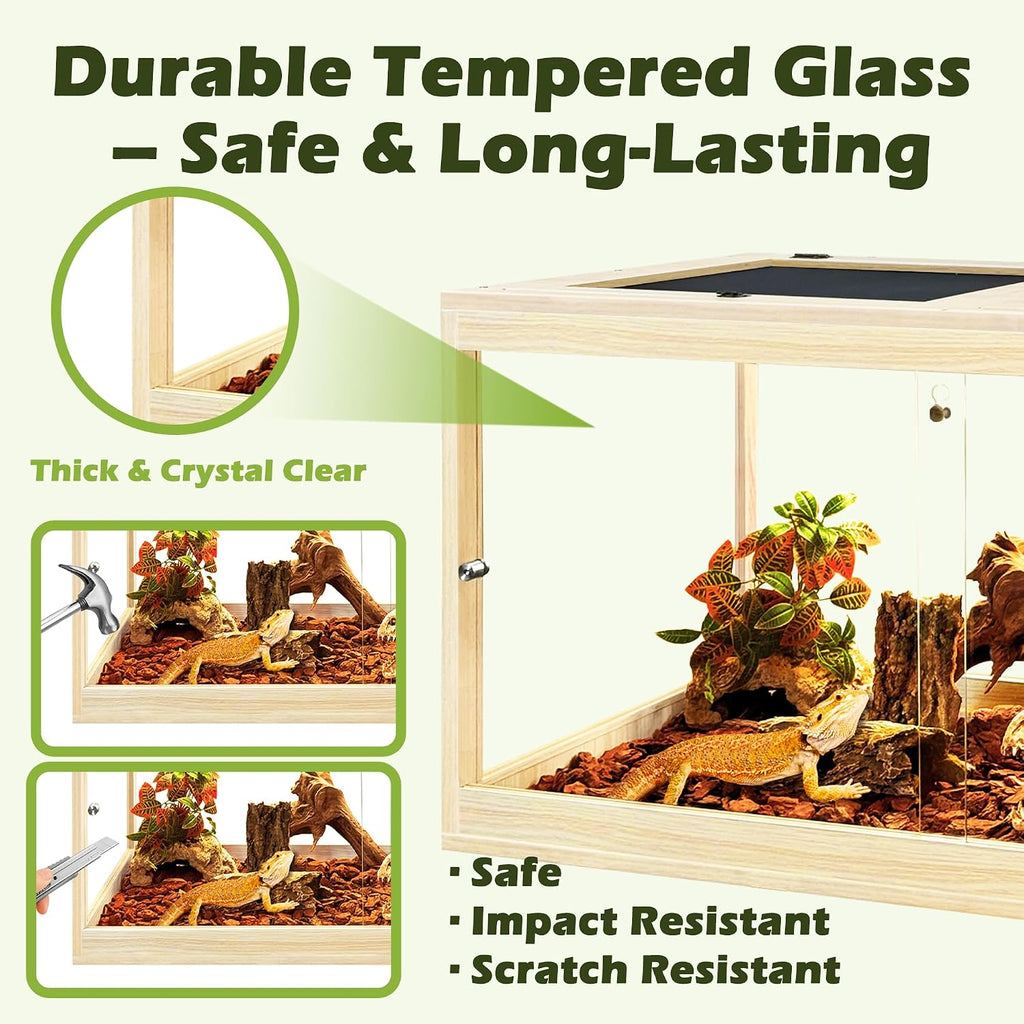 PROLEE Reptile Tank, 31 Gallon Beard Dragon Tank, Tempered Glass Reptile Encloure and Snake Tank with Locking Design for Lizard,Gecko,Chameleon (24'X15.5'X15.5',Oak)