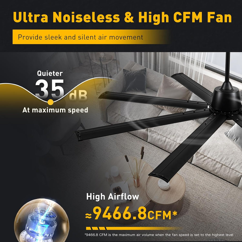 Minislak 72 Inch Ceiling Fan No Light with Remote,8 Aluminum Blades,Industrial DC Motor Quiet Operation,6 Speeds,Large Indoor Outdoor Ceiling Fan for Garage,Patio,Living Room(Black)