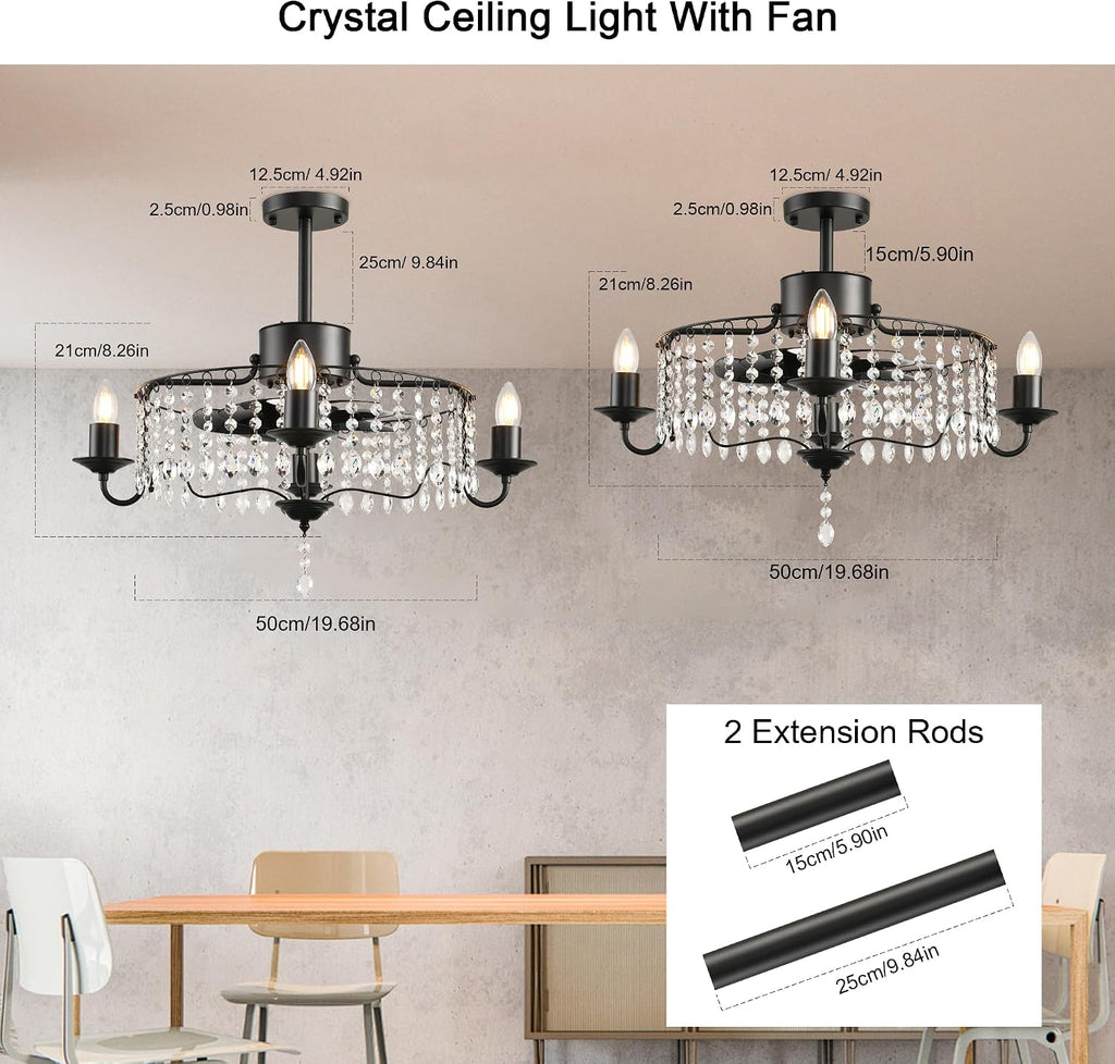 Garwarm 20in Ceiling Fans with Lights,Black Crystal Fandelier Bladeless Industrial Ceiling Fan with Remote,Flush Mount Ceiling Fan Lights for Bedroom Kitchen