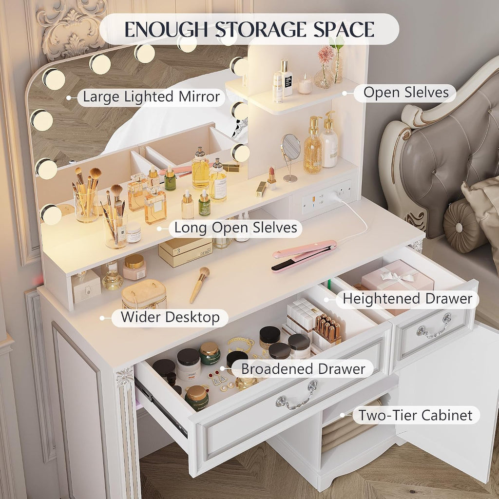 Lareth Vanity Desk with Lighted Mirror, 39.4 inch Vintage Makeup Table with Power Outlet, Bedroom Vanity Dressing Table with Adjustable Lights & 2 Drawers, Gifts for Teen Girls Women, White