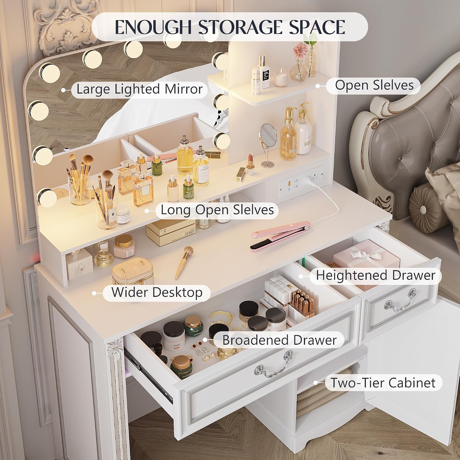 Lareth Vanity Desk with Lighted Mirror, 39.4 inch Vintage Makeup Table with Power Outlet, Bedroom Vanity Dressing Table with Adjustable Lights & 2 Drawers, Gifts for Teen Girls Women, White