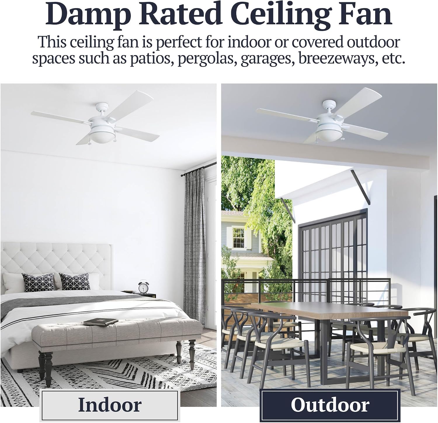 Prominence Home Auletta, 52 Inch Contemporary Indoor Outdoor Ceiling Fan with Light, Pull Chain, Dual Mounting Options, Dual Finish Blades, Reversible Motor - 50344-01 (White)