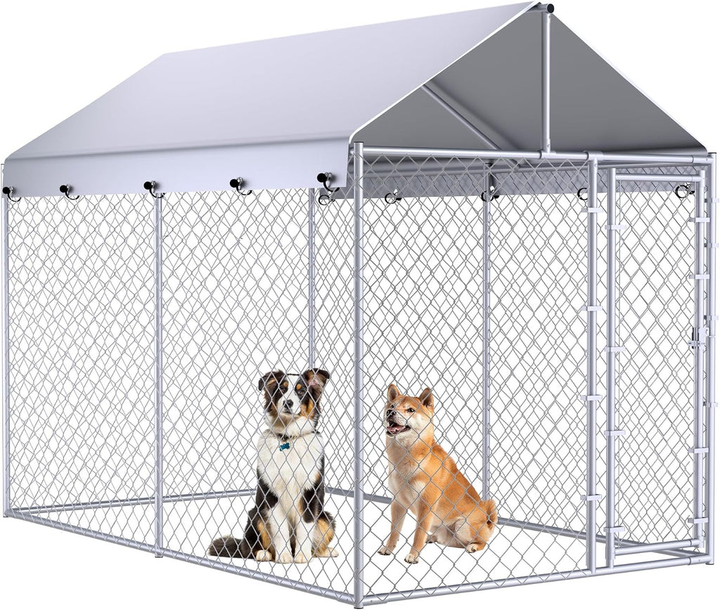 10x6x7.7ft Large Dog Kennel Outdoor, Heavy-Duty Outside Dog Kennel with Roof, Security Latch-Lock Door, Chain-Link Dog Enclosure Dog Run for Yard with Cover