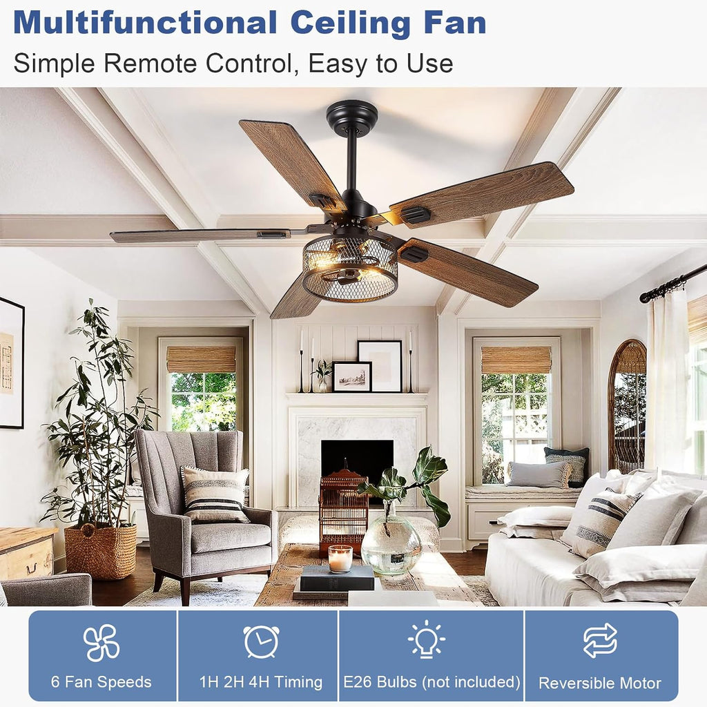 Depuley 52-Inch Ceiling Fans with Lights: Caged Ceiling Fans Dual Finish 5 Blades - Farmhouse Ceiling Fan with Remote Control for Rustic Living Room Outdoor Patio Reversible (Black Walnut)