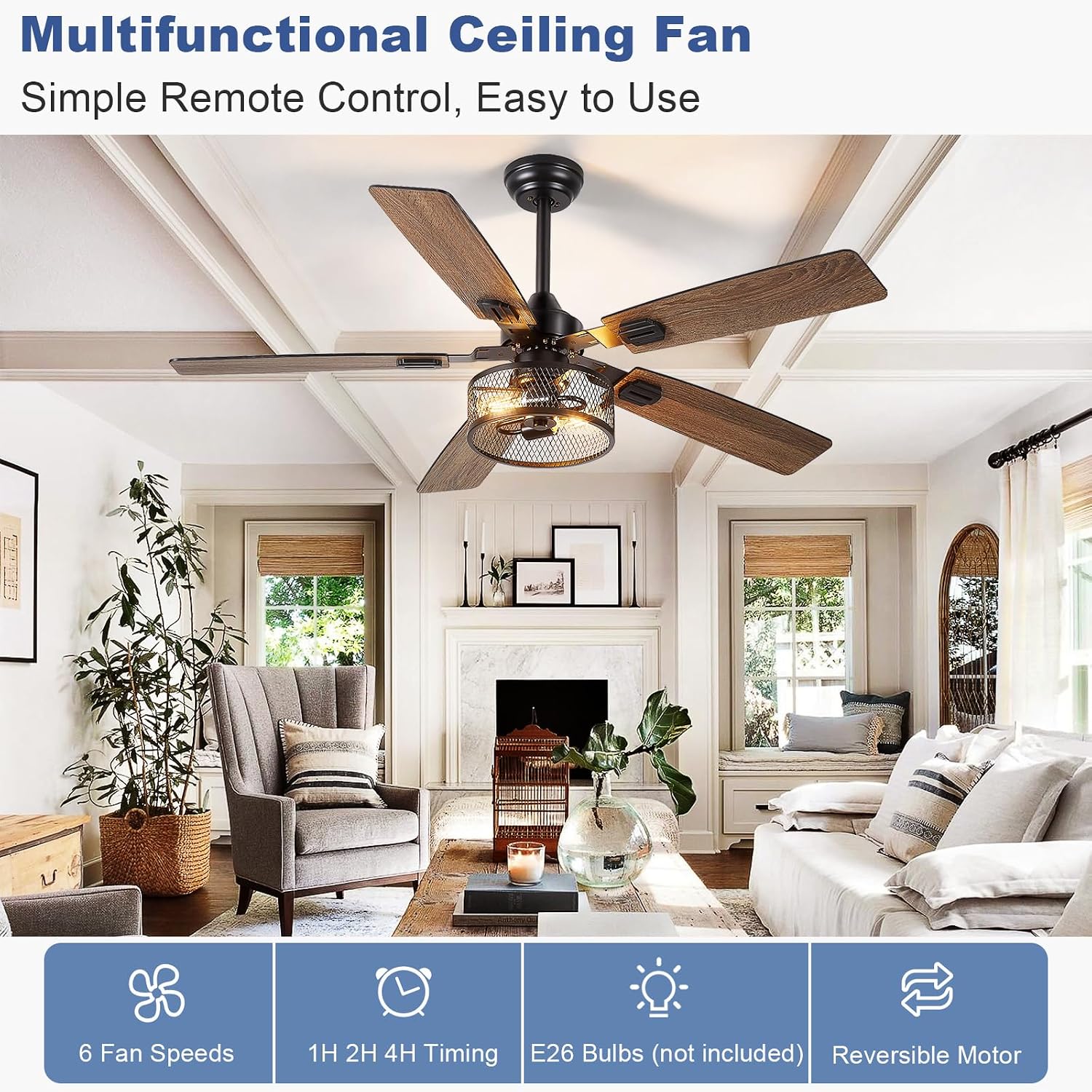 Depuley 52-Inch Ceiling Fans with Lights: Caged Ceiling Fans Dual Finish 5 Blades - Farmhouse Ceiling Fan with Remote Control for Rustic Living Room Outdoor Patio Reversible (Black Walnut)
